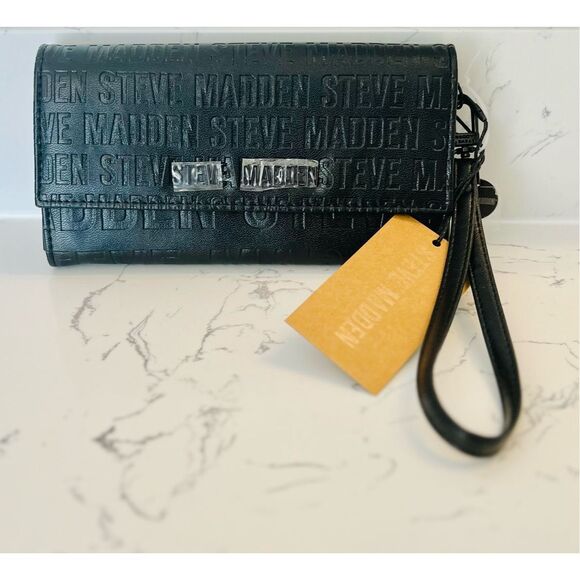 Steve Madden Mason Clutch Wristlet Wallet Black Embossed Smartphone Cell Case - Picture 2 of 4
